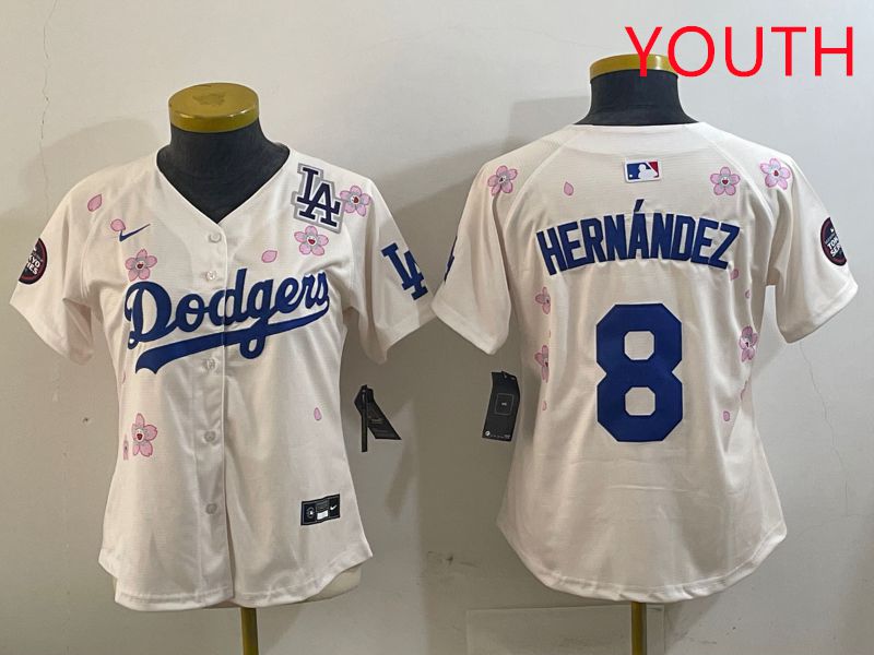 Youth Los Angeles Dodgers #8 Hernandez Cream Sakura Edition 2025 Nike MLB Jersey style 5->youth mlb jersey->Youth Jersey